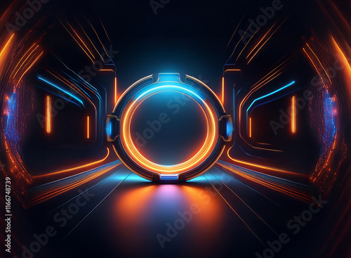 A futuristic, glowing portal within a dark, metallic corridor.  Orange and blue neon lights illuminate the sleek, symmetrical architecture. The scene evokes a sense of mystery and technological advanc photo