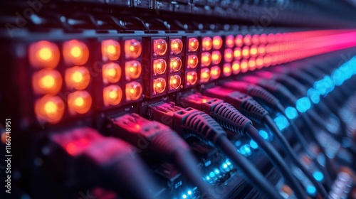 Close-up of illuminated network server rack with cables. photo