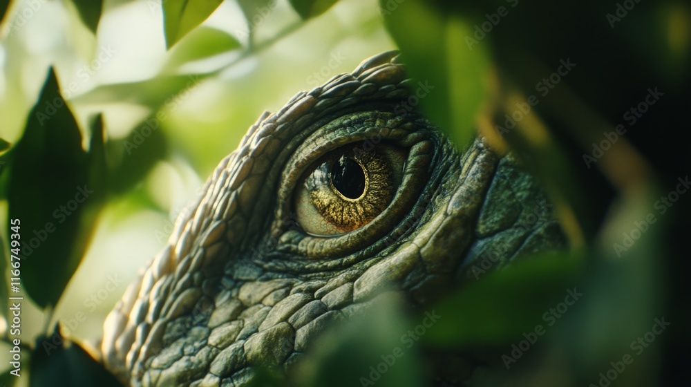Fototapeta premium The eye of a iguana, looking through greenery