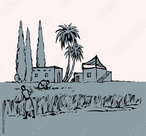 Vector drawing. Reapers in the field