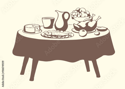 Vector drawing. Tasty feast food
