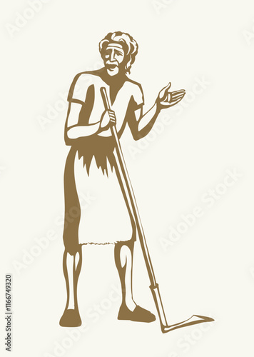 Vector drawing. A man with an old scythe