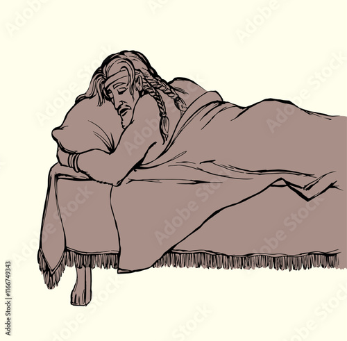 Vector drawing. Man sleeping on the bed