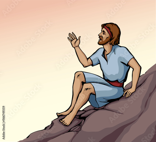 Vector drawing. Man sitting on the rock