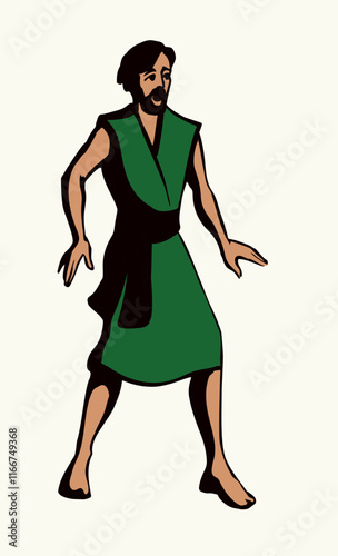 Vector drawing. Fearfull man in ancient dress