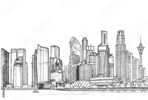 single Line drawing of Modern cityscape of Singapore city isolated on white background