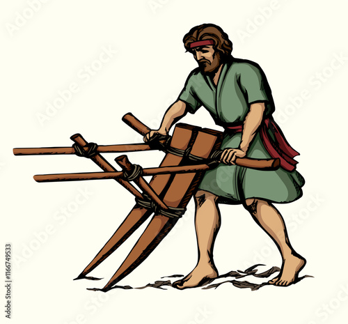 Vector drawing. Man with old wooden plow