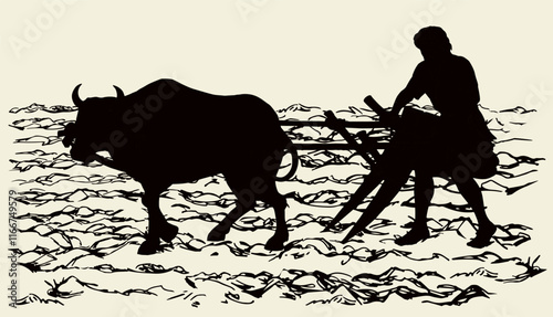 Vector drawing. Old wooden plow