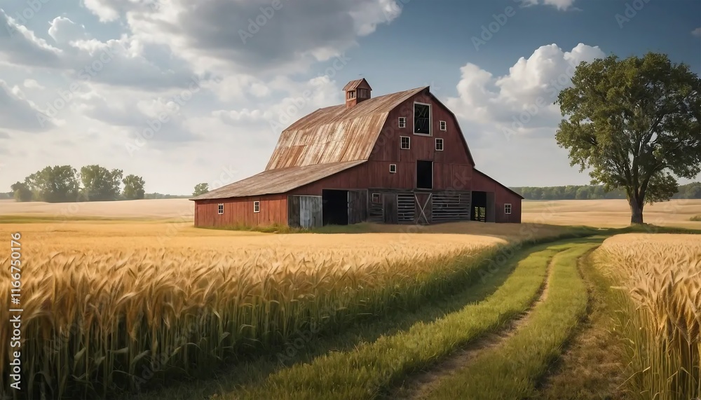 Rustic Red Barn in Golden Wheat Field - Scenic Countryside Landscape Rustic Red Barn in Golden Wheat Field - Scenic Countryside Landscape