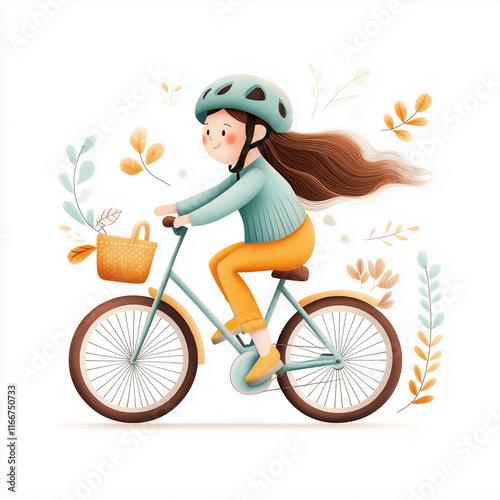 A cartoon illustration of a girl riding a bicycle while wearing a helmet, exuding a sense of fun, safety, and outdoor activity in vibrant colors. photo