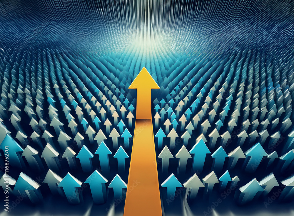 Fototapeta premium A single, bright gold arrow ascends, surrounded by numerous smaller, blue arrows, suggesting leadership, progress, and standing out from the crowd.