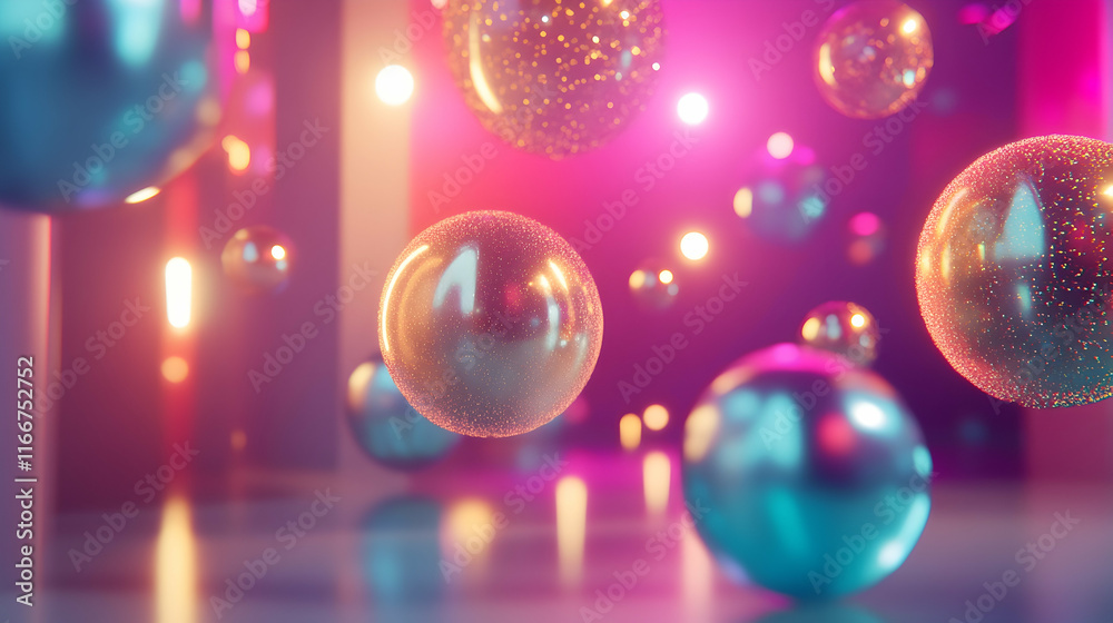 Floating golden particles enhancing teal and magenta bokeh lights indoors over a smooth creamy background Floating golden particles enhancing teal and magenta bokeh lights indoors over a smooth creamy background