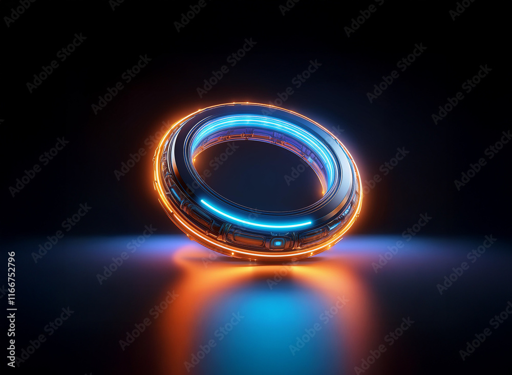 Futuristic glowing ring with vibrant orange and blue neon lights, reflecting on a dark surface. The metallic ring appears to levitate, creating a sense of energy and mystery. Futuristic glowing ring with vibrant orange and blue neon lights, reflecting on a dark surface. The metallic ring appears to levitate, creating a sense of energy and mystery.