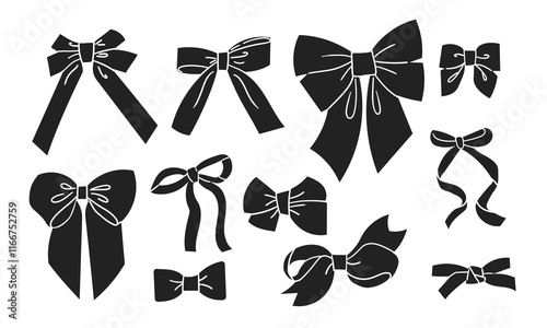 Vector Illustration of various girly vintage bow set. Bow for hair decoration flat. Ribbons isolated. Trendy girls accessories. Cute hairstyle elements collection