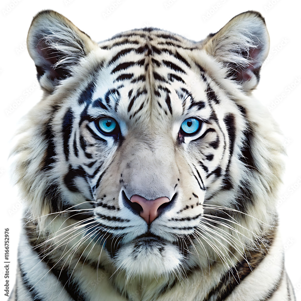 Fototapeta premium White Tiger Blue Eye roaring isolated on white background as transparent. PNG. AI GENERATED