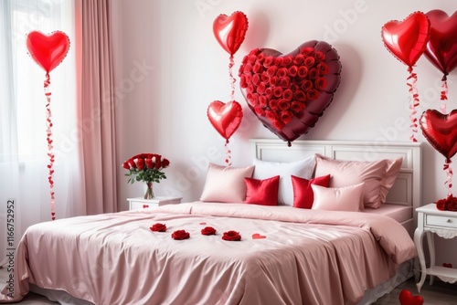 Romantic bedroom with a pink bed and pillows, red roses petals, red heart shape balloons, decorated with gifts and flowers, perfect for a Valentine celebration or wedding ambiance photo