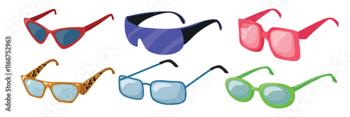 Set of side view stylish glasses in cartoon style.Vector illustration of glasses with frames of different shapes and colors: red,blue,pink,leopard print,green isolated on white background. Sunglasses.