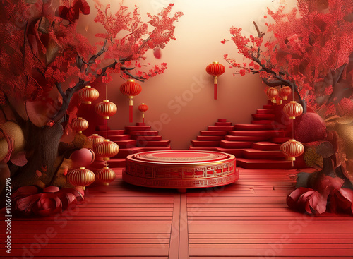 A festive red scene with a circular platform, adorned with blossoming branches, lanterns, and decorative spheres.  Perfect for product display or celebration. photo