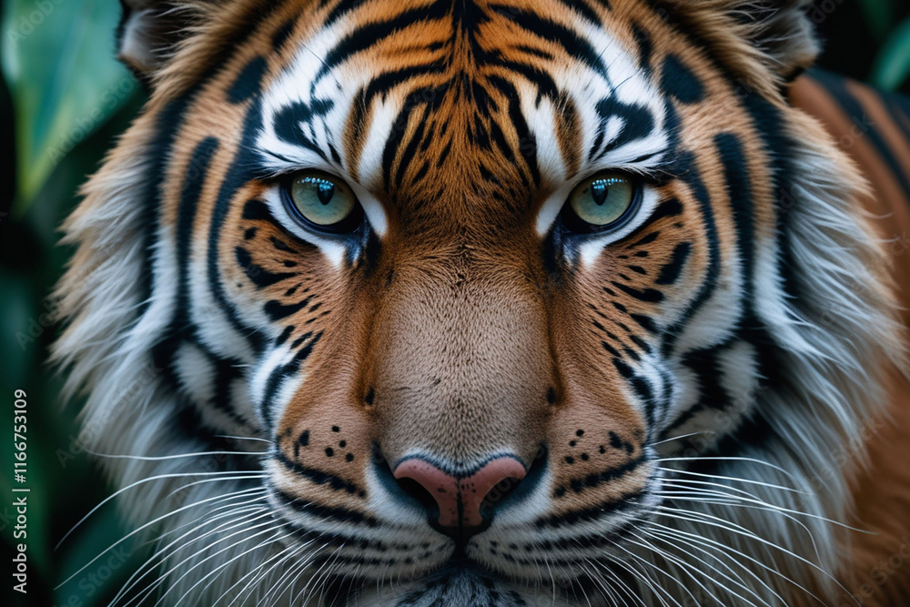 Tiger muzzle macro shot. Detailed close up shot of striped wildcat face texture. Wildlife in jungle. Banner for veterinary help. Pet care, animals concept background, poster, print, design card, flyer Tiger muzzle macro shot. Detailed close up shot of striped wildcat face texture. Wildlife in jungle. Banner for veterinary help. Pet care, animals concept background, poster, print, design card, flyer