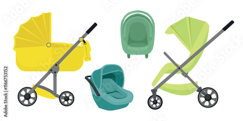 Set of side and front views of strollers and car seats in cartoon style.Vector illustration of yellow and green, blue strollers,car seats for transporting babies,children isolated on white background.