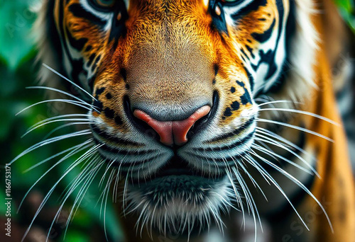 Tiger muzzle macro shot. Detailed close up shot of striped wildcat face texture. Wildlife in jungle. Banner for veterinary help. Pet care, animals concept background, poster, print, design card, flyer photo