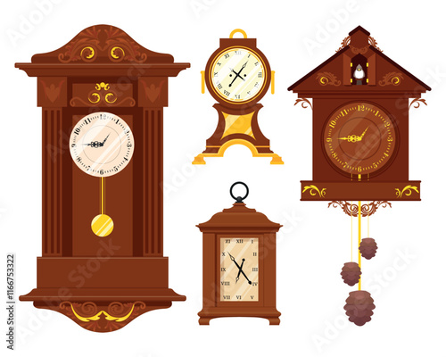 Set of vintage wooden clocks in cartoon style. Vector illustration wall clocks with dials, Arabic and Roman numerals, pendulum, cuckoo, cones isolated on white background.Antique clocks with patterns.