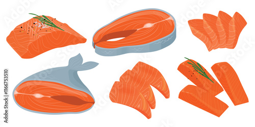 Set of tasty salmon in cartoon style. Vector illustration of delicious: steaks, slices, half of salmon, with rosemary branches, spices, salt, peppercorns isolated on white background.Healthy red fish.