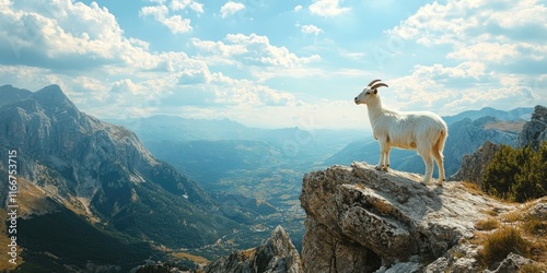 Goat perched on rocky outcropping photo