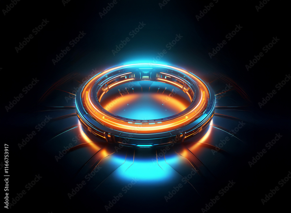 Glowing metallic ring with vibrant blue and orange neon lights, futuristic and abstract design,  set against a dark background.  The ring's intricate detailing suggests advanced technology.