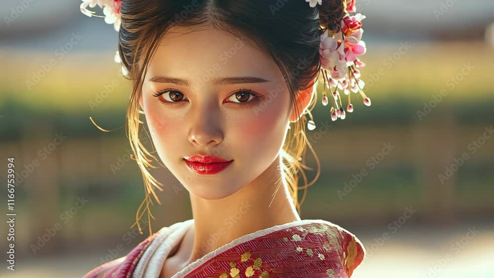 close up face portrait pretty young Japanese woman wearing Kimonos at festive outdoor bokeh light