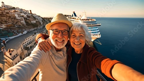 Senior happy couple taking selfie on cruise ship  - Active retired people having fun
