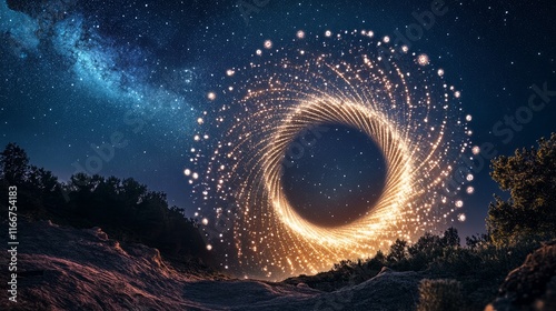 A glowing Fibonacci spiral overlaid on a starry night sky. photo