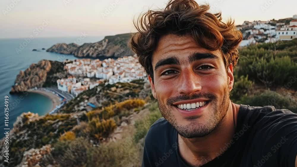 smiling man at outdoor at hill top with coastal town view, travel and adventurous concept smiling man at outdoor at hill top with coastal town view, travel and adventurous concept