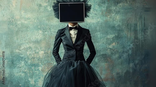 A Fashionably Eccentric Figure with a Monitor Head in Tulle Dress and Bowtie
