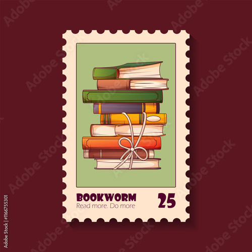 Postage stamp with illustration of stack of books. Vector illustration perfect for design of envelope decoration. Book lover, bookstore, library, reading concept.
