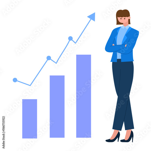 businesswoman standing confidently with upward growth chart and bar graph symbolizing success flat vector illustration