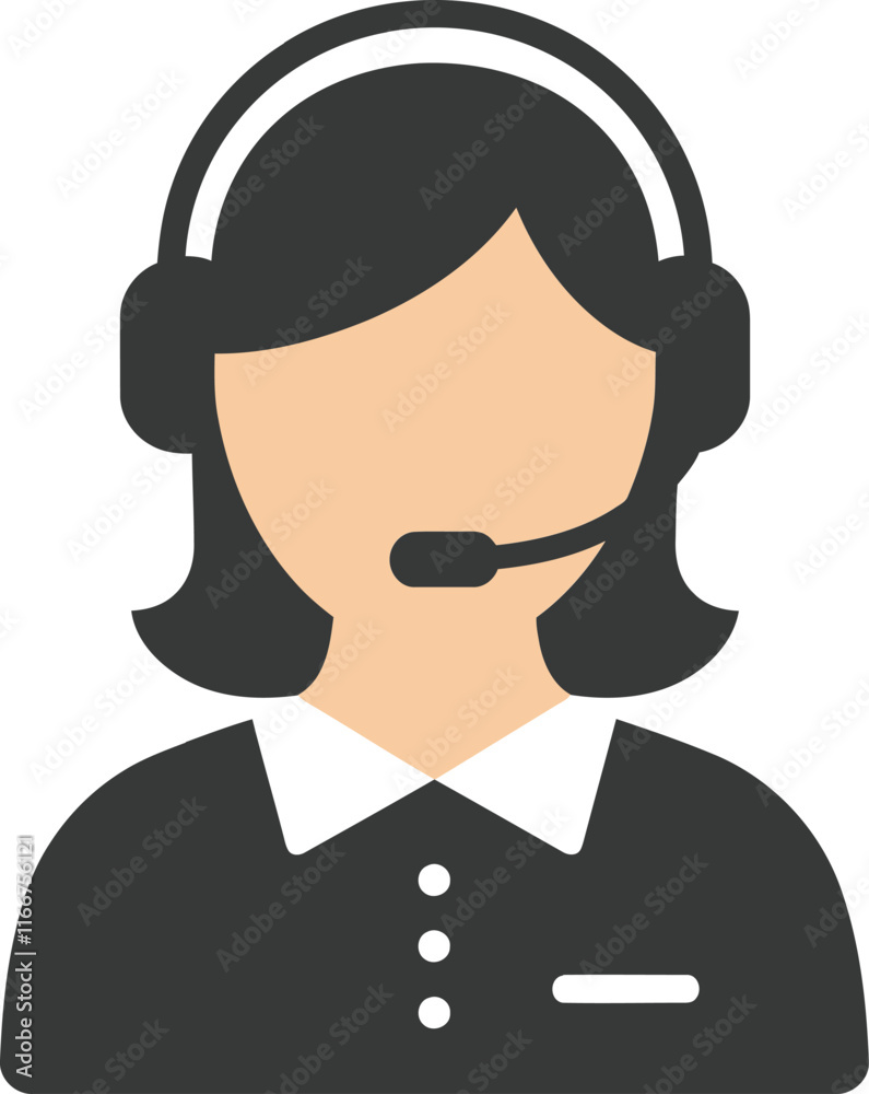 Vector icon of a woman wearing a headset and microphone and working in a call center. Vector icon of a woman wearing a headset and microphone and working in a call center.