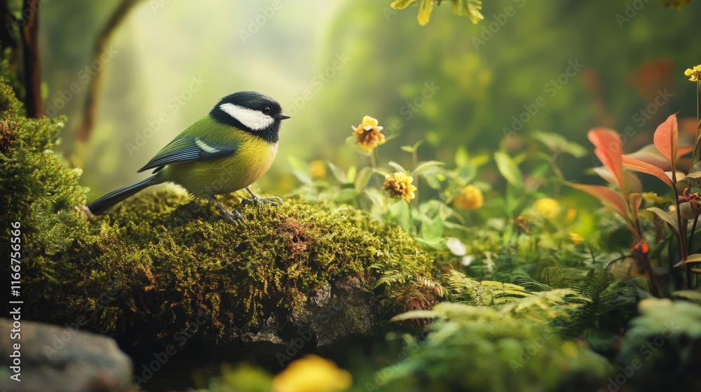 Obraz premium The Great Tit, Parus major, is sitting in color environment of wildlife