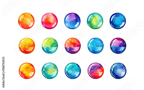 カラフルなガラスのビー玉の水彩イラスト　透明背景の切り抜き