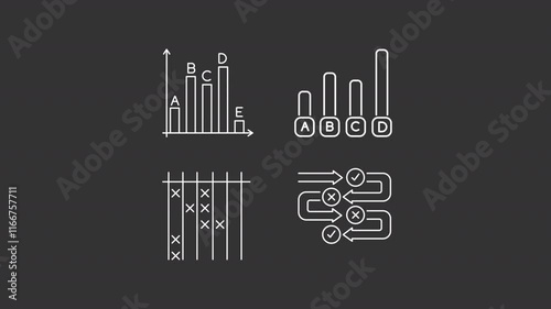 Survey processing animation library. Statistical analysis animated white line icons. Data management, feedback. Isolated illustrations on dark background. Transition alpha. HD video. Icon pack photo