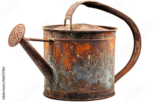 Vintage metal watering can with rust and patina displayed on a neutral background photo