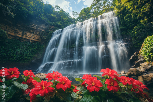 Natural waterfall with blooming flowers. Wide banner background. photo