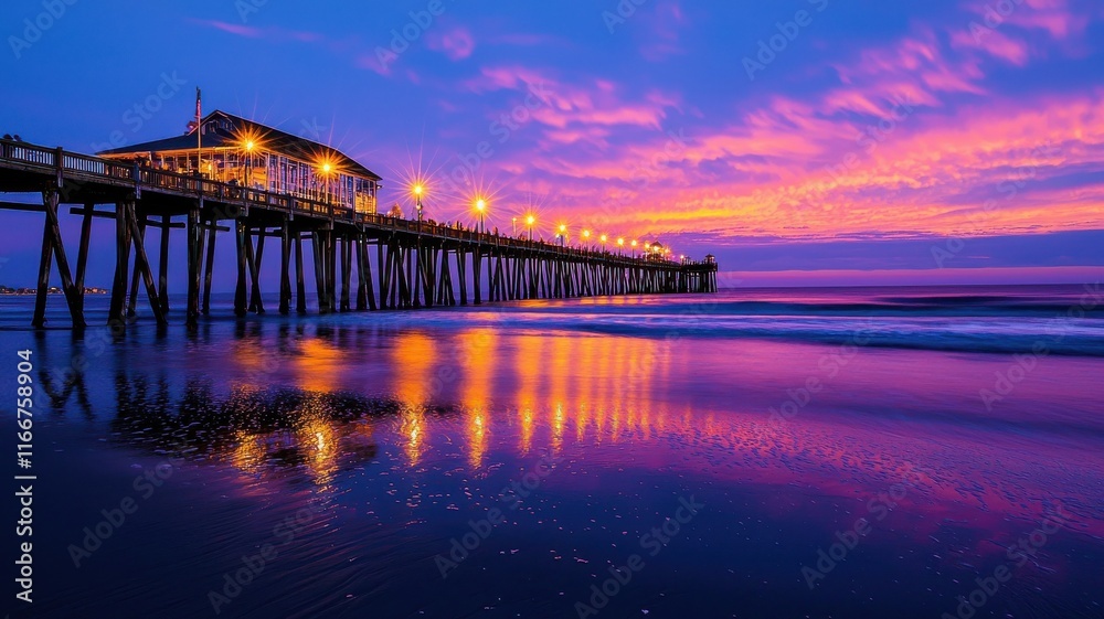 A tranquil pier at sunset, illuminated by warm lights, reflecting beautifully on the calm water beneath a colorful sky. A tranquil pier at sunset, illuminated by warm lights, reflecting beautifully on the calm water beneath a colorful sky.