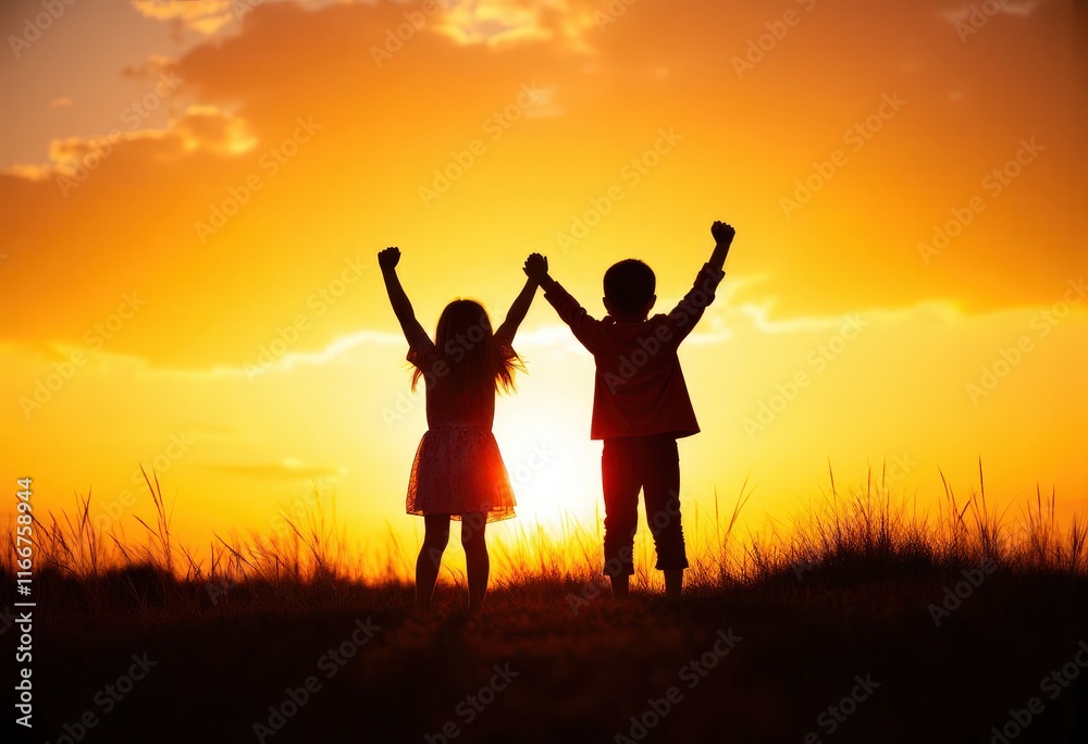 Silhouette of Children Celebrating Sunset Silhouette of Children Celebrating Sunset