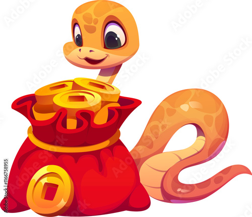 2025 Chinese Lunar New Year cartoon snake character with red bag full of gold coins, adorned with a ribbon. Festive cute reptile animal symbolizing wealth and prosperity for Asian holiday celebration