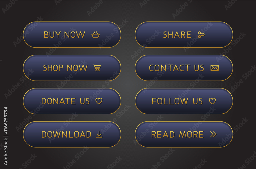 Obraz premium Modern CTA button set, texts and icons, 3D effect, web UI element for landing pages, mobile apps or banners.