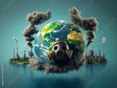 Global Warming Crisis Earth in Cartoon Style Surrounded by Factories Emphasizing Environmental Concerns