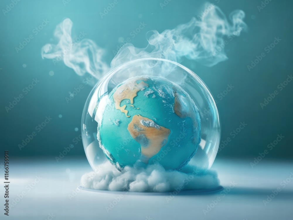 Obraz premium Trapped Cartoon Earth Glass Dome Animation Climate Crisis Affected Environment Global Warming Theme