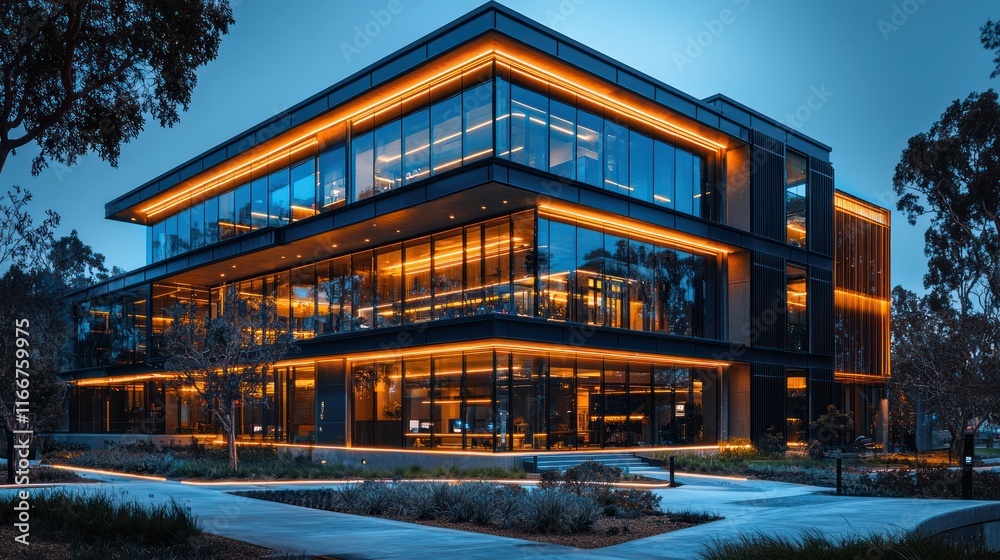 Modern office building with illuminated design. Modern office building with illuminated design.