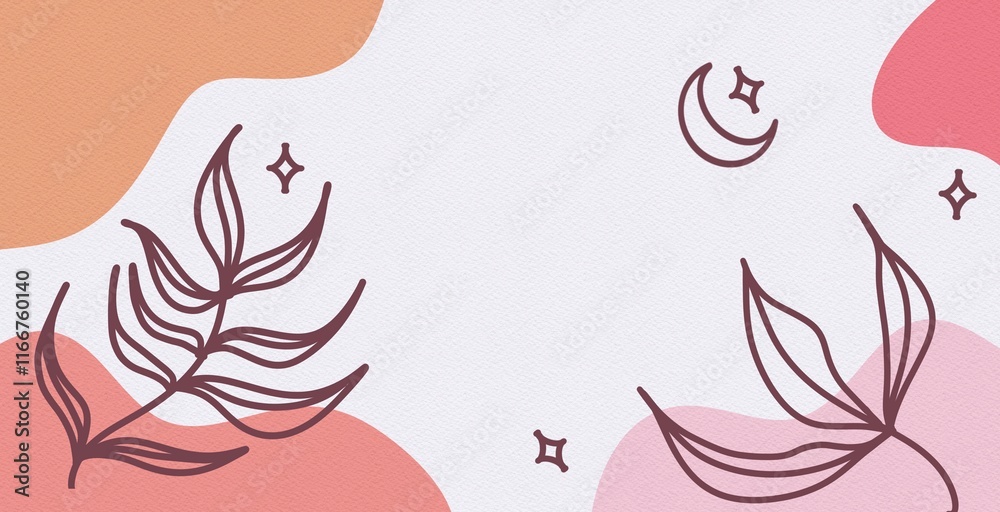 Fototapeta premium Abstract boho background modern drawing of a flower contemporary shapes art leaf organic cover 